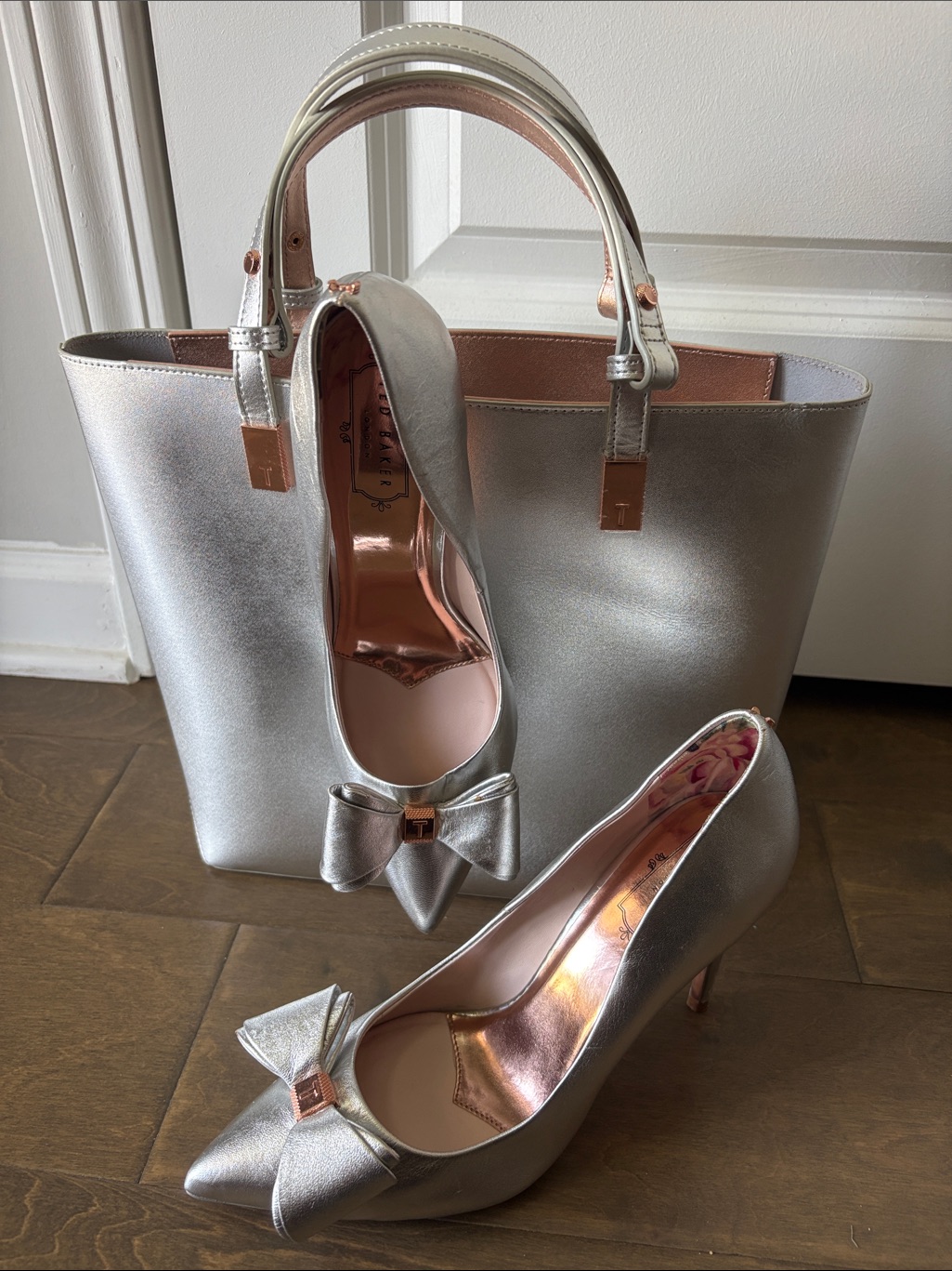 Ted Baker Silver Metallic Tote And Bow Pointed-Toe Heels